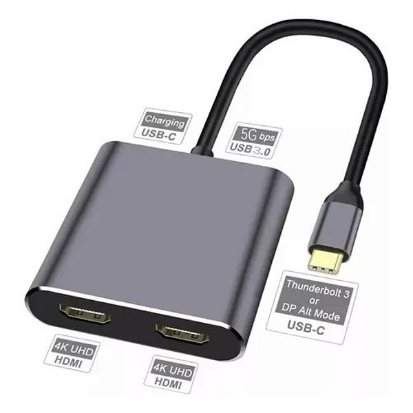 Adaptador Tipo-C 4 em 1 com 2 Portas HDMI, USB-A 3.1 e USB-C PD 100W