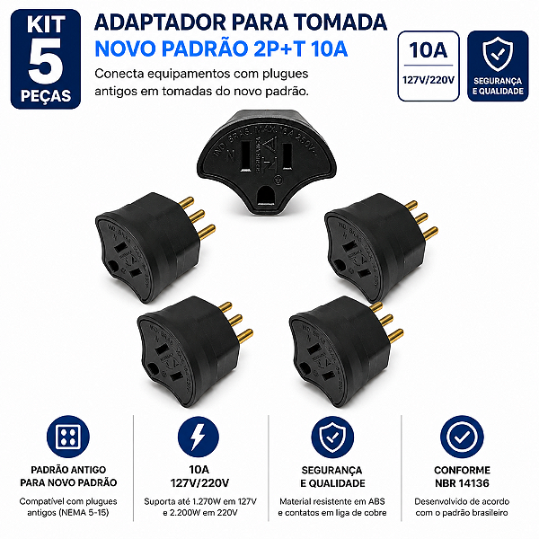 Kit com 5 Adaptadores de Tomada SMS 10A 2P+T Padrão Novo