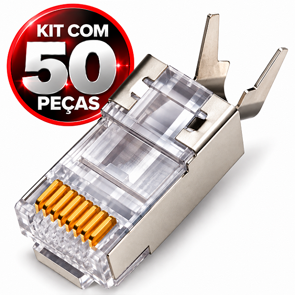 Kit 50 Conectores RJ45 CAT 7 Blindado com Guia e Prensa Cabo