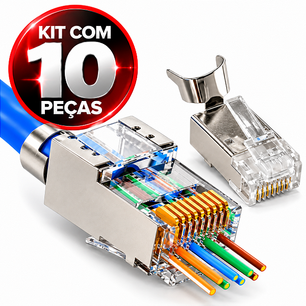 Kit 10 Conectores Rede RJ45 CAT7 Blindado Vazado Prensa Cabo