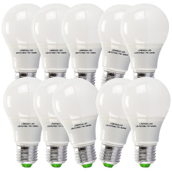 10 Lâmpadas 7W LED Bulbo E27, 6500K, Bivolt - Branco Frio