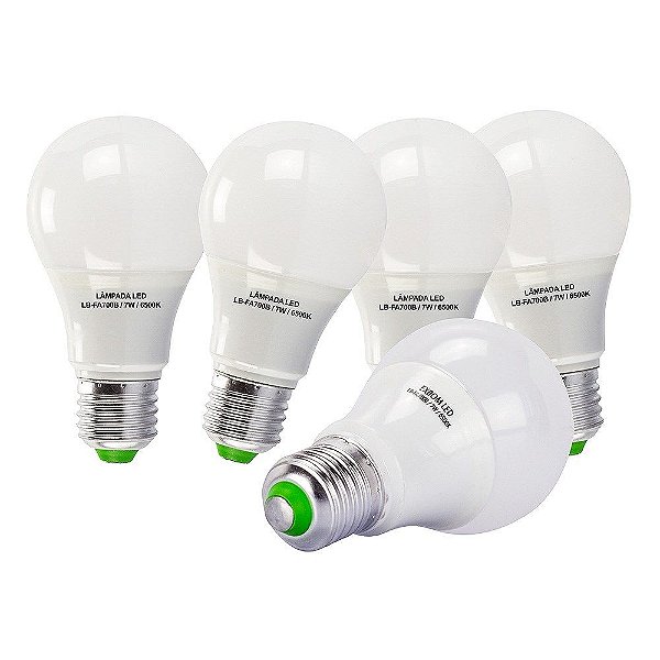 5 Lâmpadas 7W LED Bulbo E27, 6500K, Bivolt - Branco Frio
