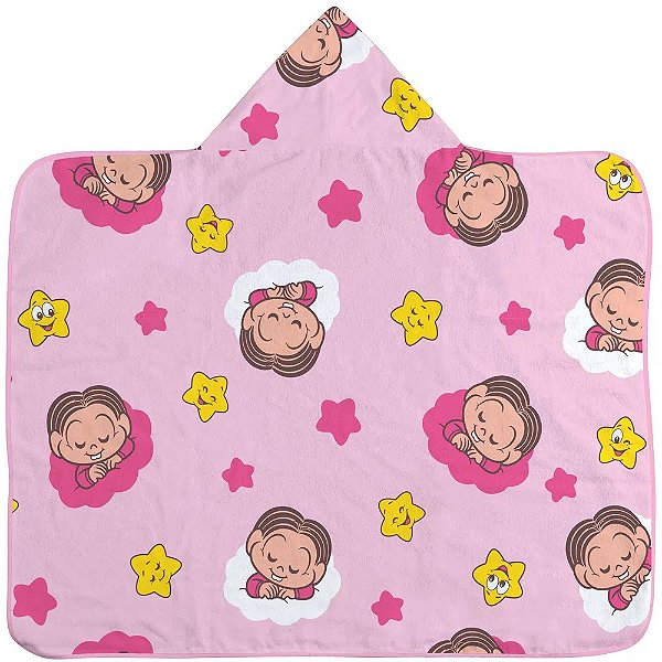 Toalha de Banho Estampa Corrida Mônica 70 cm x 90 cm com Capuz e Forro de Fralda