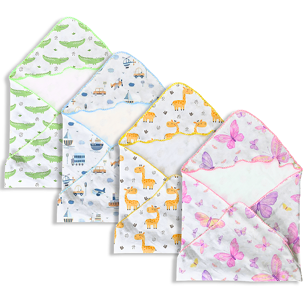 Toalha Fralda de Banho Macia Bebê com Capuz 100% Algodão com Acabamento 70x70cm Estampada