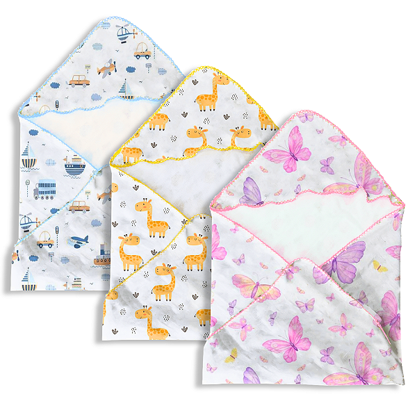 Kit 2 Toalha Fralda de Banho Macia Bebê com Capuz 100% Algodão com Acabamento 70x70cm Estampada