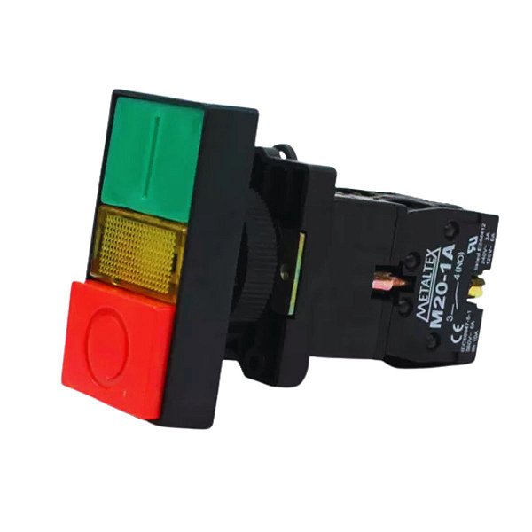 P20IDL-Y-1C | Botão Duplo Iluminado 22mm Plástico - Verde/Vermelho 220v - 1na+1nf | Metaltex