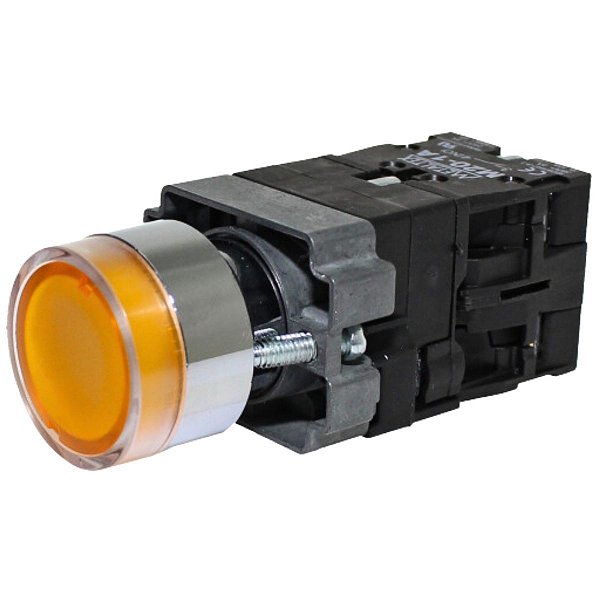 M20IGR-Y7-1C | Botão Pulsador Iluminado 22mm Metálico - Amarelo 24v - 1na+1nf | Metaltex