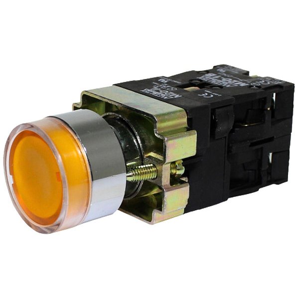 M20IGR-Y-1C | Botão Pulsador Iluminado 22mm Metálico - Amarelo 220v - 1na+1nf | Metaltex