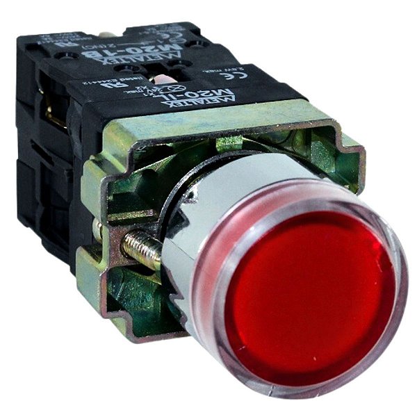 M20IGR-R-1C | Botão Pulsador Iluminado 22mm Metálico - Vermelho 220v - 1na+1nf | Metaltex