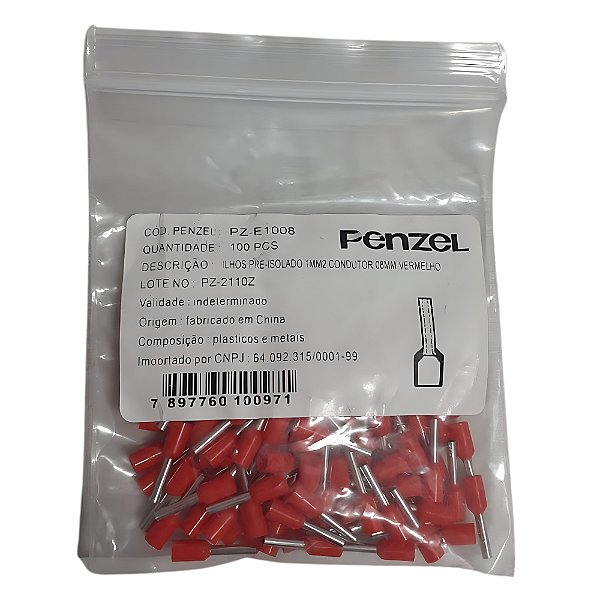 E1008-RED | Terminal Ilhós Pré-isolado 1mm² - Vermelho (Pacote c/ 100 Peças) | Penzel
