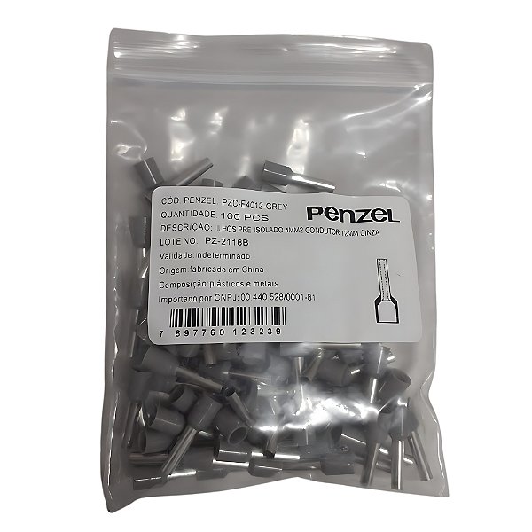 E4012-GREY | Terminal Ilhós Pré-isolado 4mm² - Cinza (Pacote c/ 100 Peças) | Penzel
