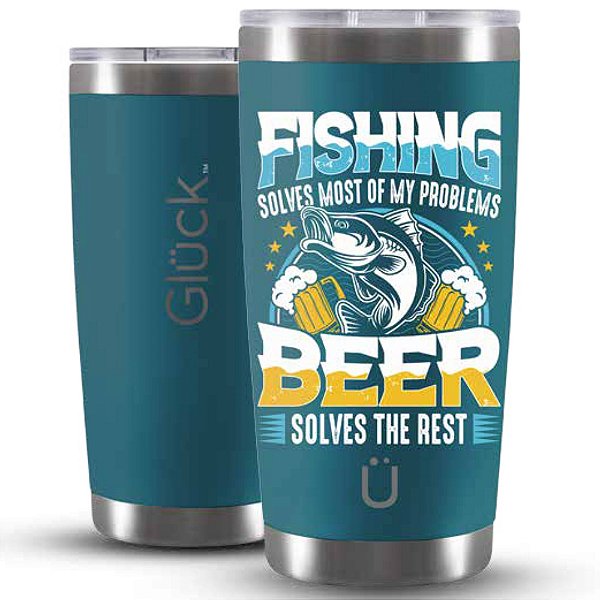 Copo Térmico Gluck Lucky Future Fishing e Beer Solves 591 ml Azul Porsche Blue