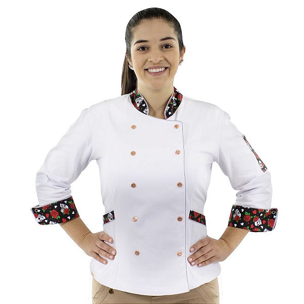 Dólmã Feminino Chef de Cozinha Caveiras e Rosas