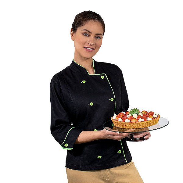 Dolmã Feminina Para Chef de Cozinha Angel Preto Com Verde