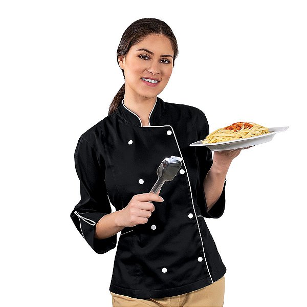 Dólmã Chef Feminino Preto/ Branco 100% Algodão