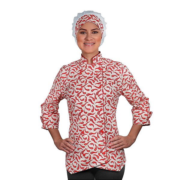 Dólmã Chef Cozinha Feminino Estampa Pimentas Cortadas - Dr Chef