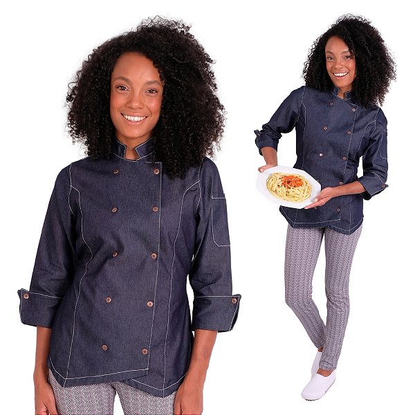Dolma Chef Cozinha Jeans Helena Feminina Acinturada - Dr Chef