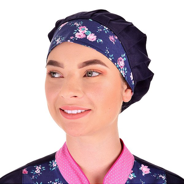Chapéu Para Chef de Cozinha Tipo Gorro Azul Floral - Dr Chef