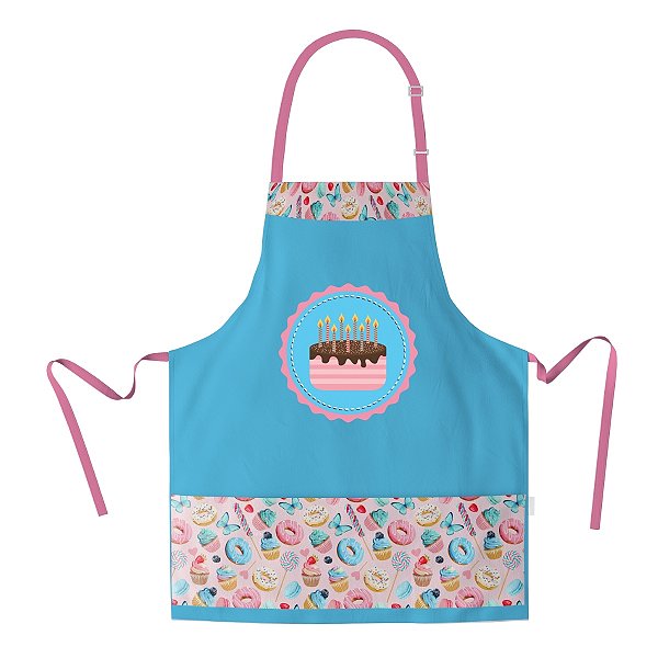 Avental Corpo Inteiro Azul Bolinhos Rosa e Torta - Dr Chef