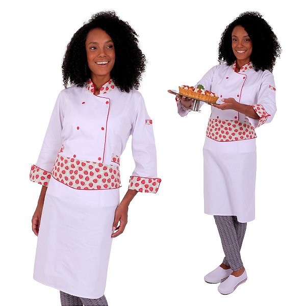 Conjunto Dólmã + Avental Morangos Feminino - Dr Chef