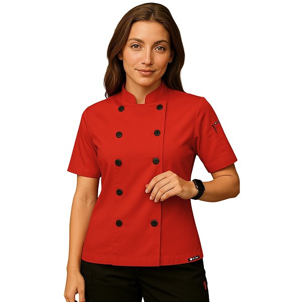 Dólmã Chef Cozinha Feminino Manga Curta Vermelho - Dr Chef