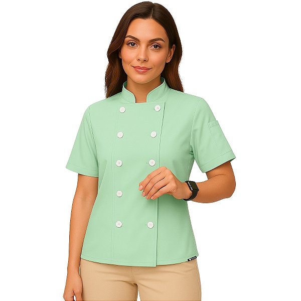 Dólmã Chef Cozinha Feminino Manga Curta Verde Bebê - Dr Chef