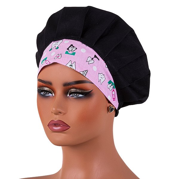 Chapéu Para Chef De Cozinha Estampa Dentista Rosa E Preto - Dr Chef