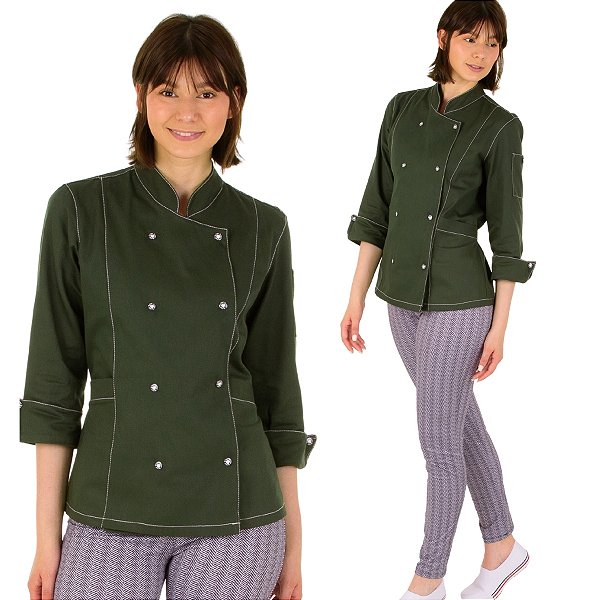Dólmã Chef Cozinha Feminino 100% Algodão Verde Musgo - Dr Chef