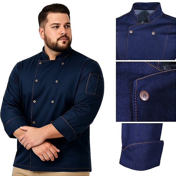 Dólmã Chef Cozinha Unissex Jeans Azul Escuro Plus Size - Dr Chef