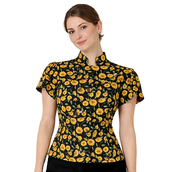 Dólmã Feminina Chef Cozinha Manga Curta Tulipa Estampa Girassol - Dr Chef