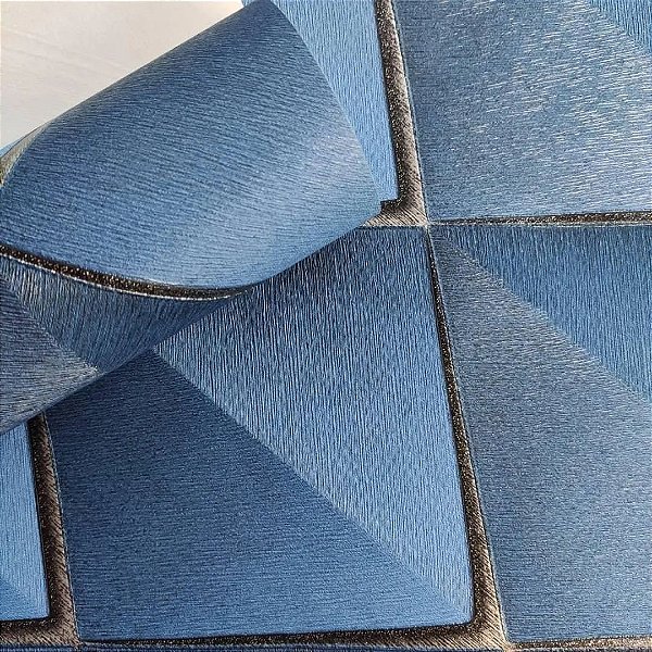 Papel de Parede Vinílico Importado Geométrico 3D Azul com detalhes em preto e dourado - Rolo de 10 metros ATI101