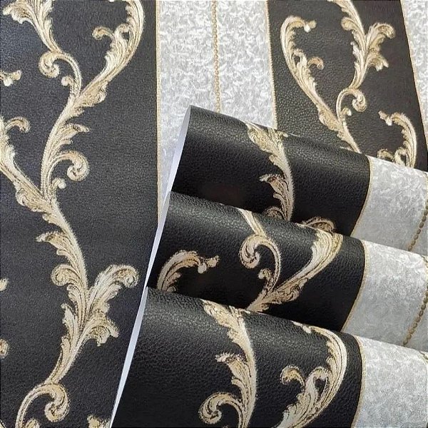 Papel de Parede Vinílico Arabesco Luxo Importado Lavavél Preto com prata e detalhes em dourado  - Rolo de 10 metros SPX46