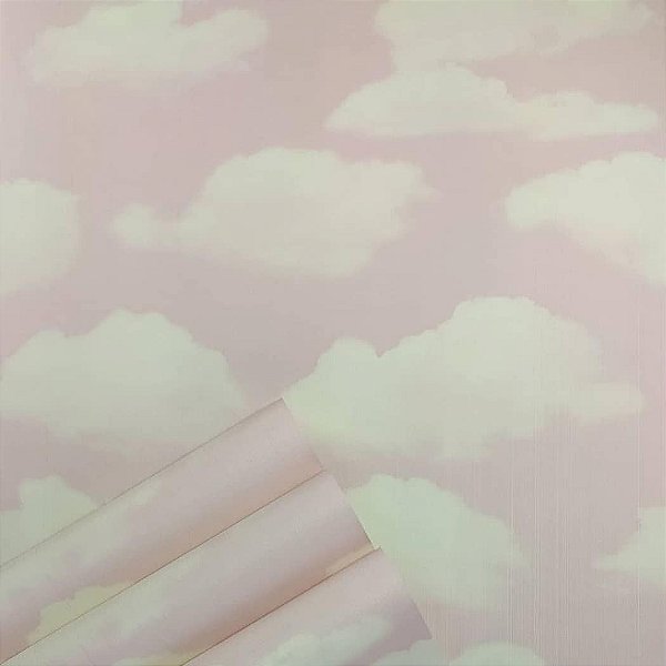 Papel de Parede Vinílico Importado Infantil Nuvens Céu Rosa - Rolo de 10 metros EVX817