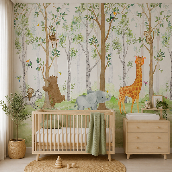 Papel de Parede Personalizado Quarto Infantil Bichinhos na Floresta