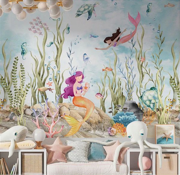 Papel de Parede Personalizado Fundo do Mar Sereia