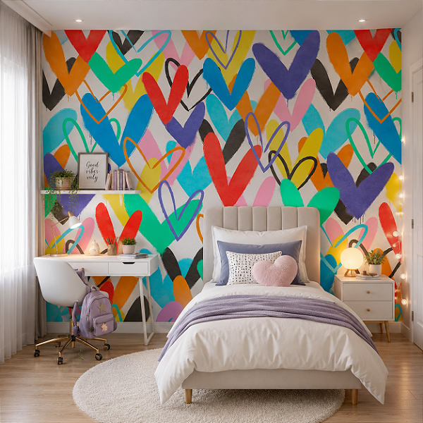 Papel de Parede Personalizado Quarto Infantil e Juvenil Corações Coloridos