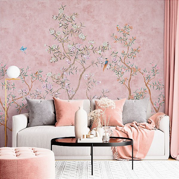 Papel de Parede Personalizado Flores e Pássaros