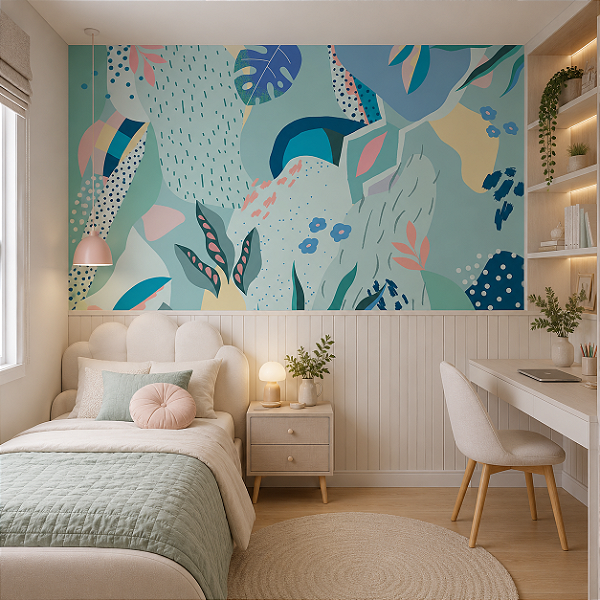 Papel de Parede Personalizado Infantil -Juvenil Vibrante Abstrado Floral Folhagem