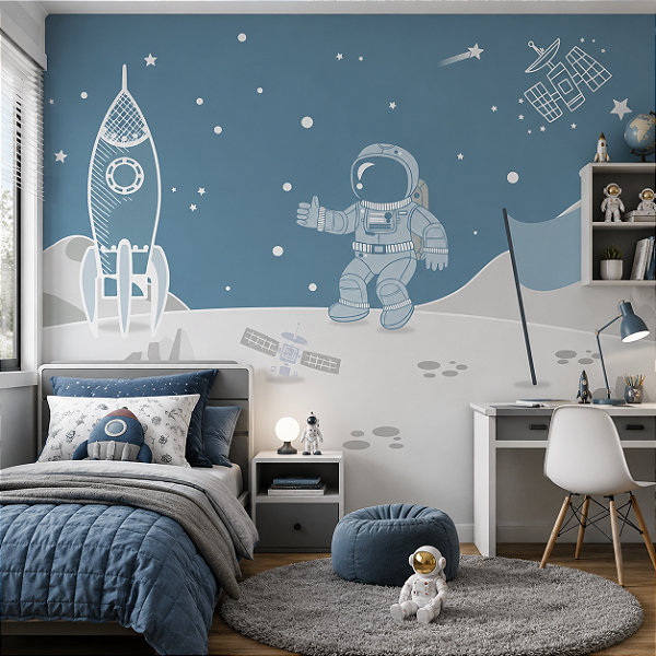 Papel de Parede Personalizado Infantil Espaço Astronauta Azul