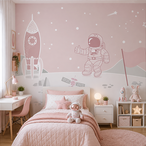 Papel de Parede Personalizado Infantil Espaço Astronauta Rosa