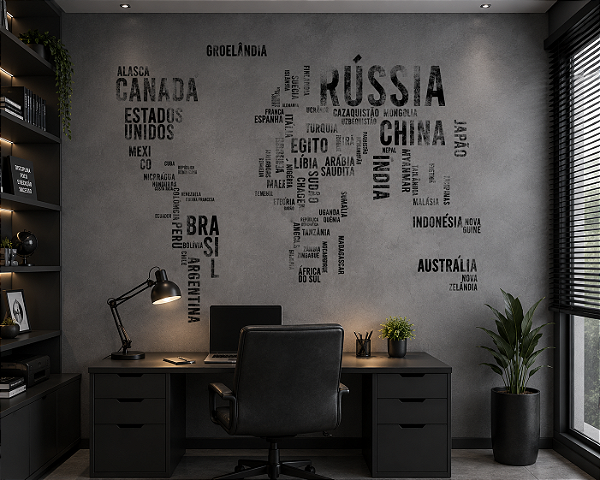 Papel de Parede Personalizado Infantil Mapa Mundi Cimento Queimado Cinza