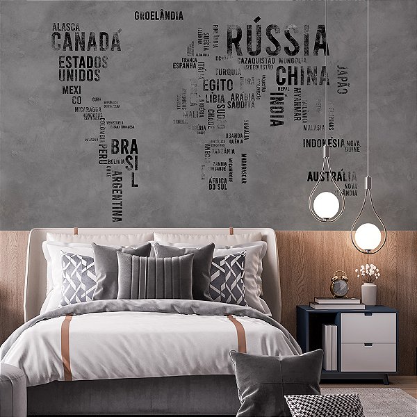 Papel de Parede Infantil Personalizado Mapa Mundi Cimento Queimado Cinza