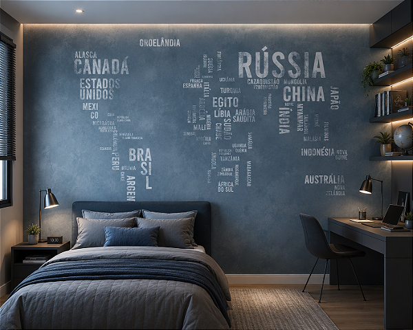 Papel de Parede Personalizado Infantil Mapa Mundi Cimento Queimado Azul