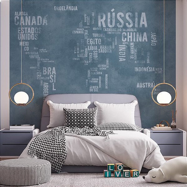 Papel de Parede Infantil Personalizado Mapa Mundi Cimento Queimado Azul