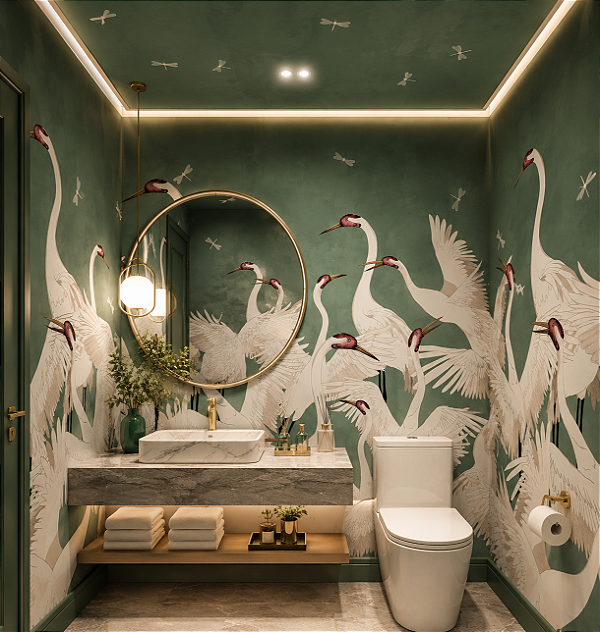 Papel de Parede Personalizado Cisne Verde Sob Medida – Elegância para Lavabo, Sala e Hall de Entrada