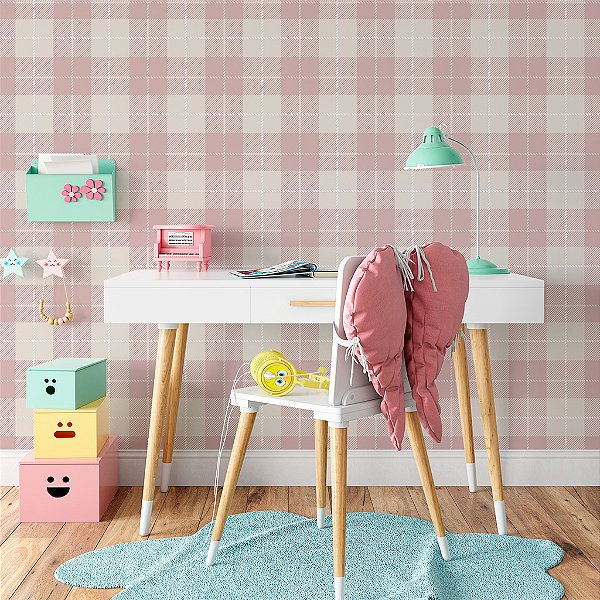 Papel de Parede Infantil Personalizado Xadrez Sarja Rosa