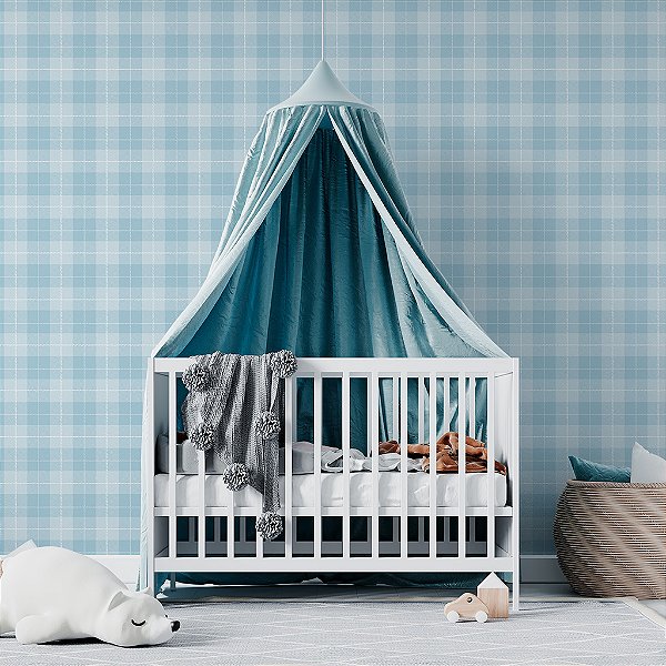 Papel de Parede Infantil Personalizado Xadrez Sarja Azul