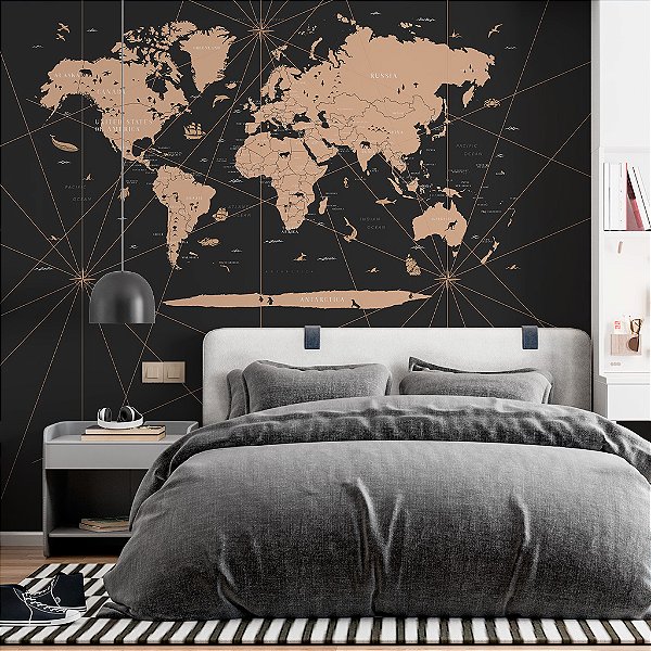 Papel de Parede Infantil Personalizado Mapa Mundi Preto