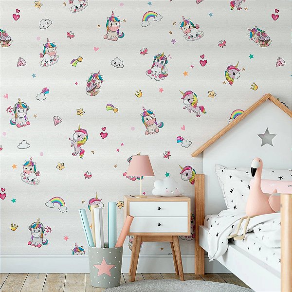 Papel de Parede Infantil Personalizado Non Woven Cute Unicórnios