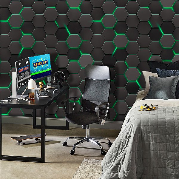 Papel de Parede Infantil Personalizado 3D Geométrico Gamer Verde